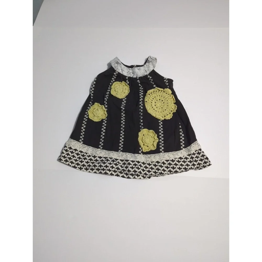 Jelly The Pug Sunburst Stripe Crochet Flower Black Sleeveless Dress Sz 3T Boho